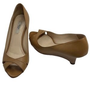 Prada Milano Women's Size 36.5 Tan Leather Peep Toe Wedge Heels Made in Italy